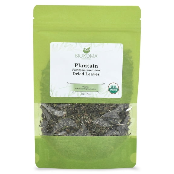 Biokoma Pure and Organic Plantain Dried Leaves 50g (1.76oz) In Resealable Moisture Proof Pouch, USDA Certified Organic - Herbal Tea, No Additives, No Preservatives, No GMO, Kosher