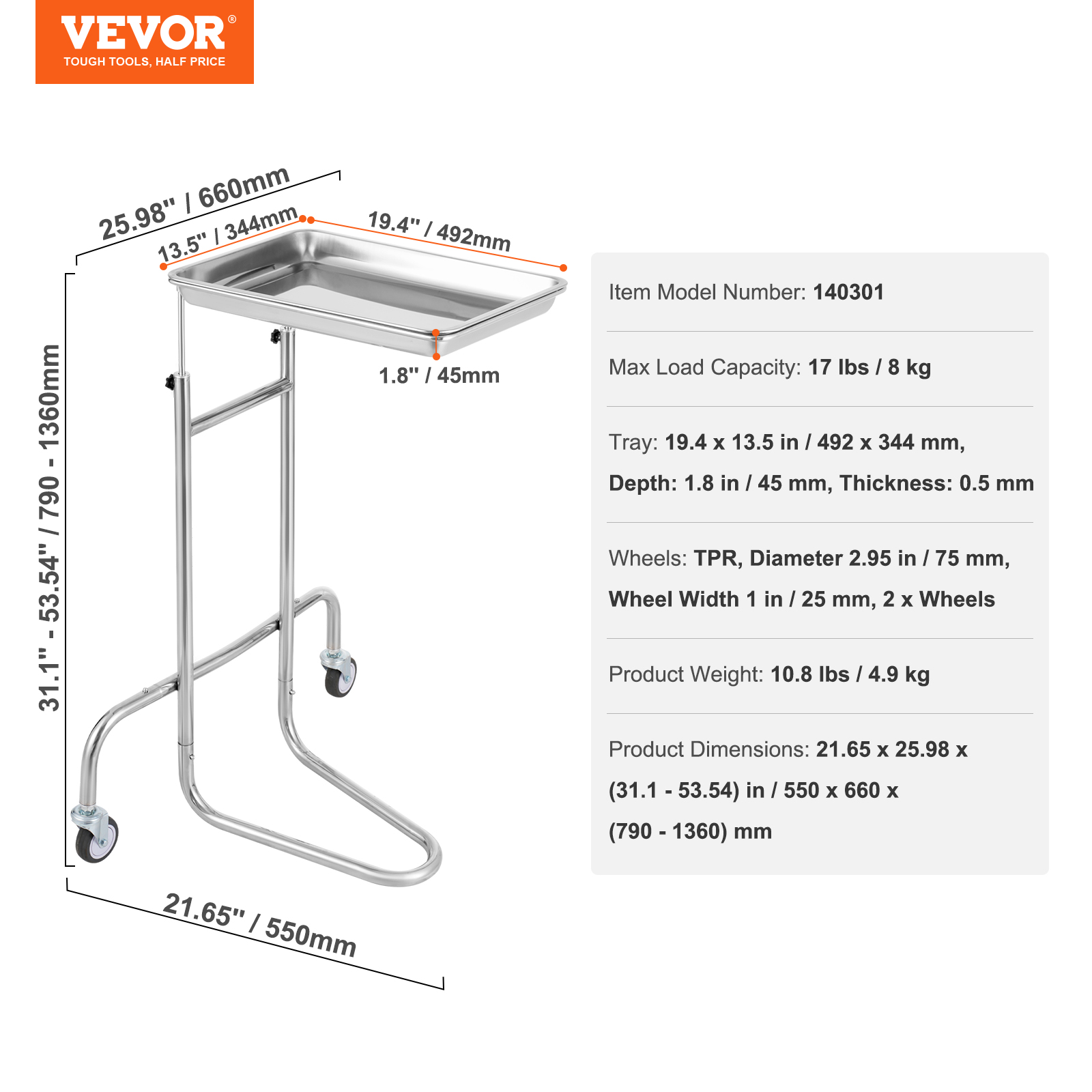 VEVOR Stainless Steel Lab Carts, Lab Utility Cart with Single Tray, Mobile Medical Cart with 2 Silent Wheels, Lab Rolling Cart for Lab, Clinic, Hospital, Salon