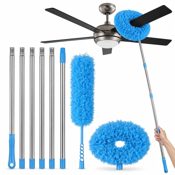 Ceiling Fan Cleaner Duster, 2 Heads Microfiber Fan Cleaner Brush with 16.7-61.4 in Extension Pole, Adjustable Long Handle Dusting Tool for Walls, Cars, Blinds, Bookshelves
