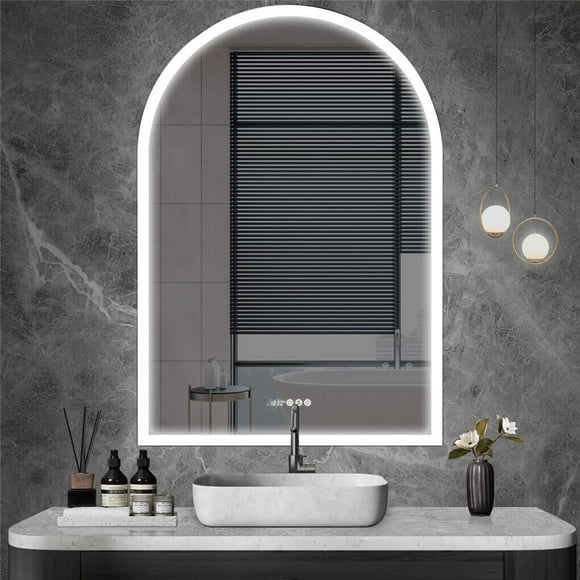 LUVODI Arched LED Bathroom Mirror: 60x90cm Dimmable Wall Lighted Vanity Mirror with Clock Temperature Dispaly Anti-fog Smart Switch 3 Colors Backlit Makeup Mirror for Home, Hallway, Barber Shop