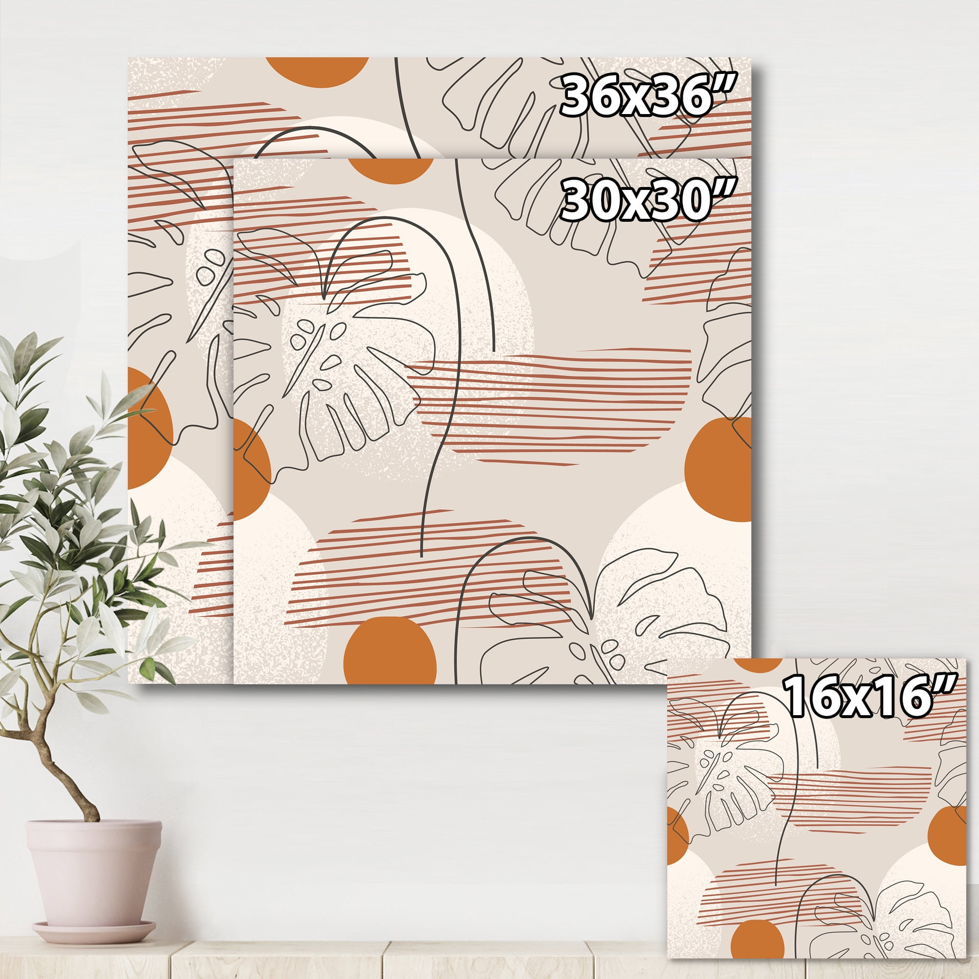 Abstract Monstera Leaf and One Line Art Shapes 30 in x 30 in Painting Canvas Art Print, by Designart