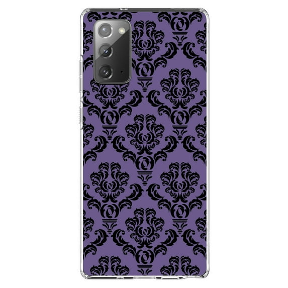 DistinctInk Clear Shockproof Hybrid Case for Samsung Galaxy Note 20 (6.7" Screen) - TPU Bumper, Acrylic Back, Tempered Glass Screen Protector - Purple Black Damask Floral - Floral Damask Pattern