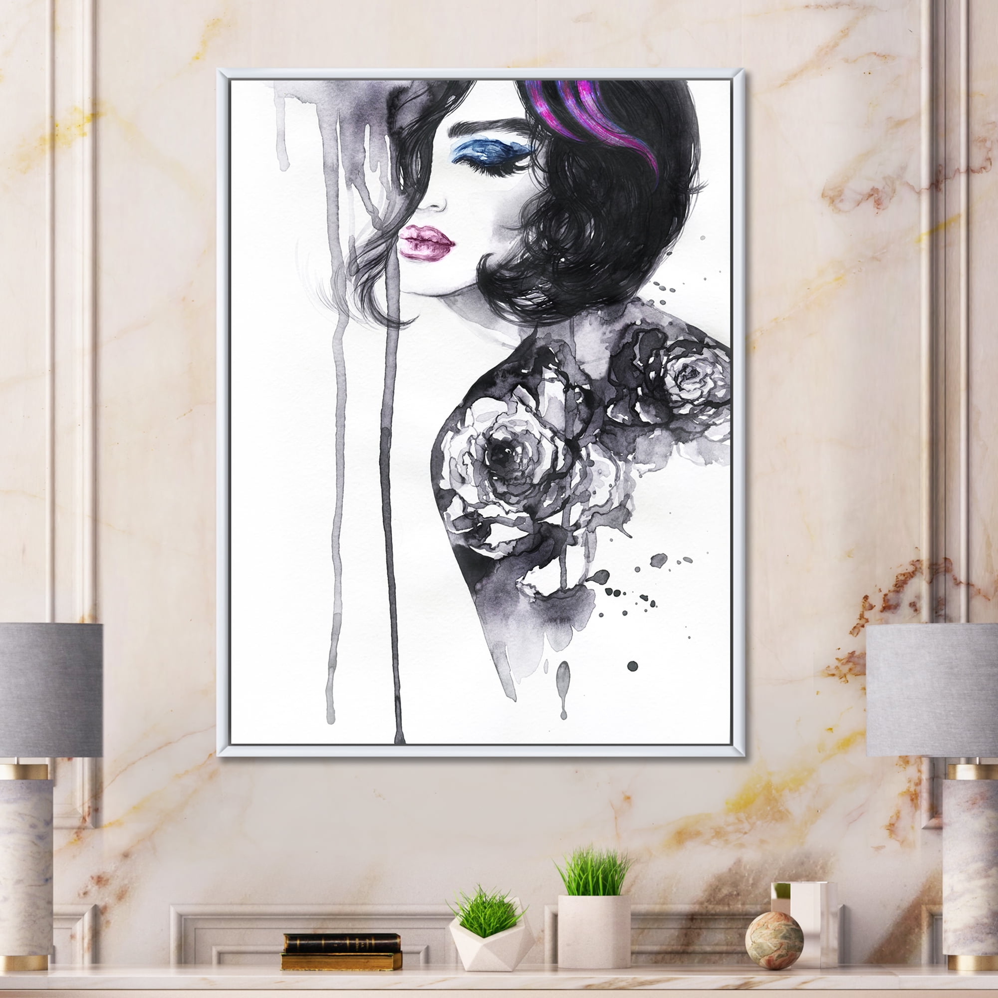Designart 'Monochrome Female Portrait With Colorful Makeup' Modern Framed Canvas Wall Art Print