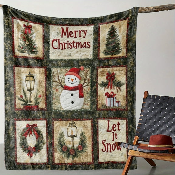 Vintage Christmas Quilted Throw Blanket – Soft Cozy Knitted Flannel with Snowman, Christmas Tree, Wreath Print – Versatile for Sofa, Bed, Office, Car, Camping – Durable Digital Print, All-Season Gift