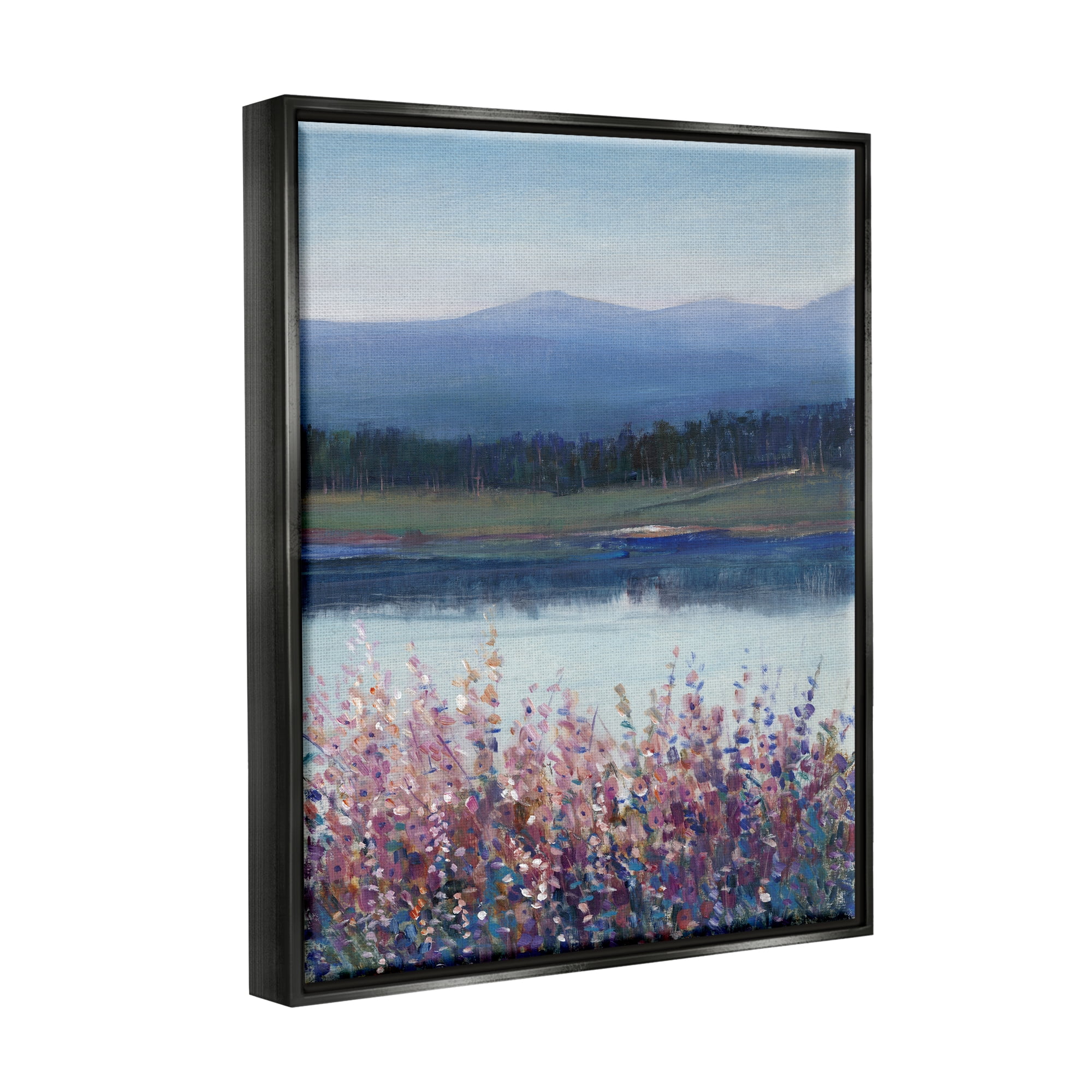 Stupell Industries Lilacs By Lake Mountain Landscape Coastal Painting Black Floater Framed Art Print Wall Art