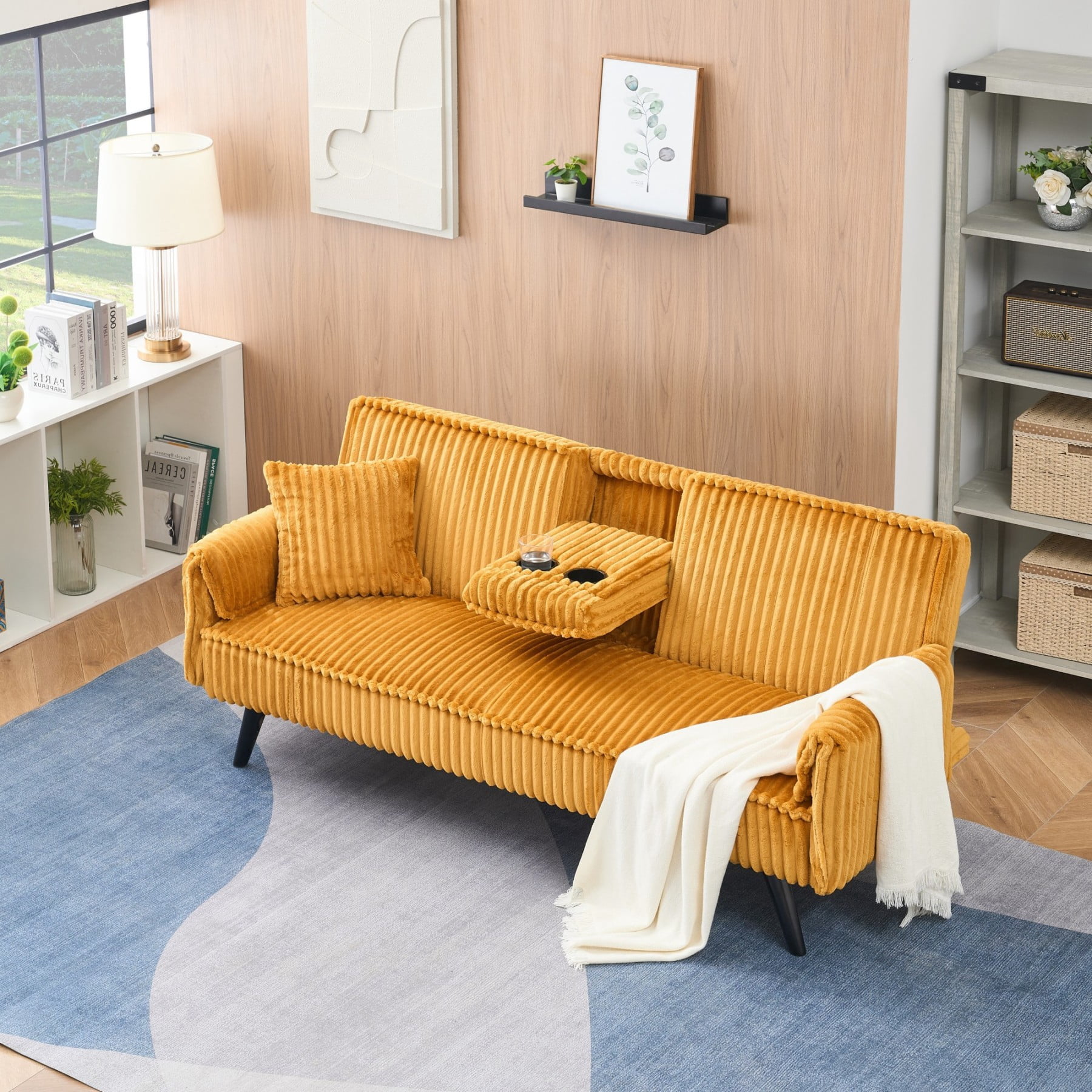 Corduroy Sofa Couch, Adjustable Modern Sleeper Sofa with Cup Holders for Living Room Bedroom Apartment, Orange