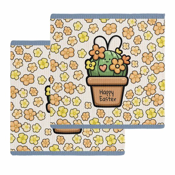 Easter Kitchen Dish Towels for Drying Dishes Set of 2, Bunny Ears Spring Yellow Flowers Potted Plant Rustic Waffle Weave Microfiber Hand Tea Bathroom Towels Quick Dry & Absorbent Towel 12x12
