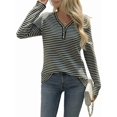 thumbnail image 2 of Women'S V-Neck Long Sleeve Striped Knit Button Shirt Autumn Casual Loose Elegant Tunic Top Army Green XL, 2 of 9