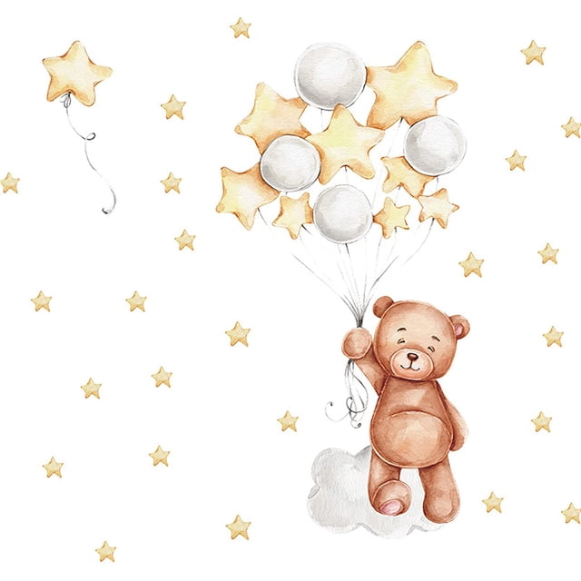 Pegatinas de pared de globos de oso estrella Pegatinas de pared de acuarela Pegatinas de pared Pegatinas de puerta de armario Pegatinas de pared para niños y niñas Decoración de pared para habitación TUNC Sencillez