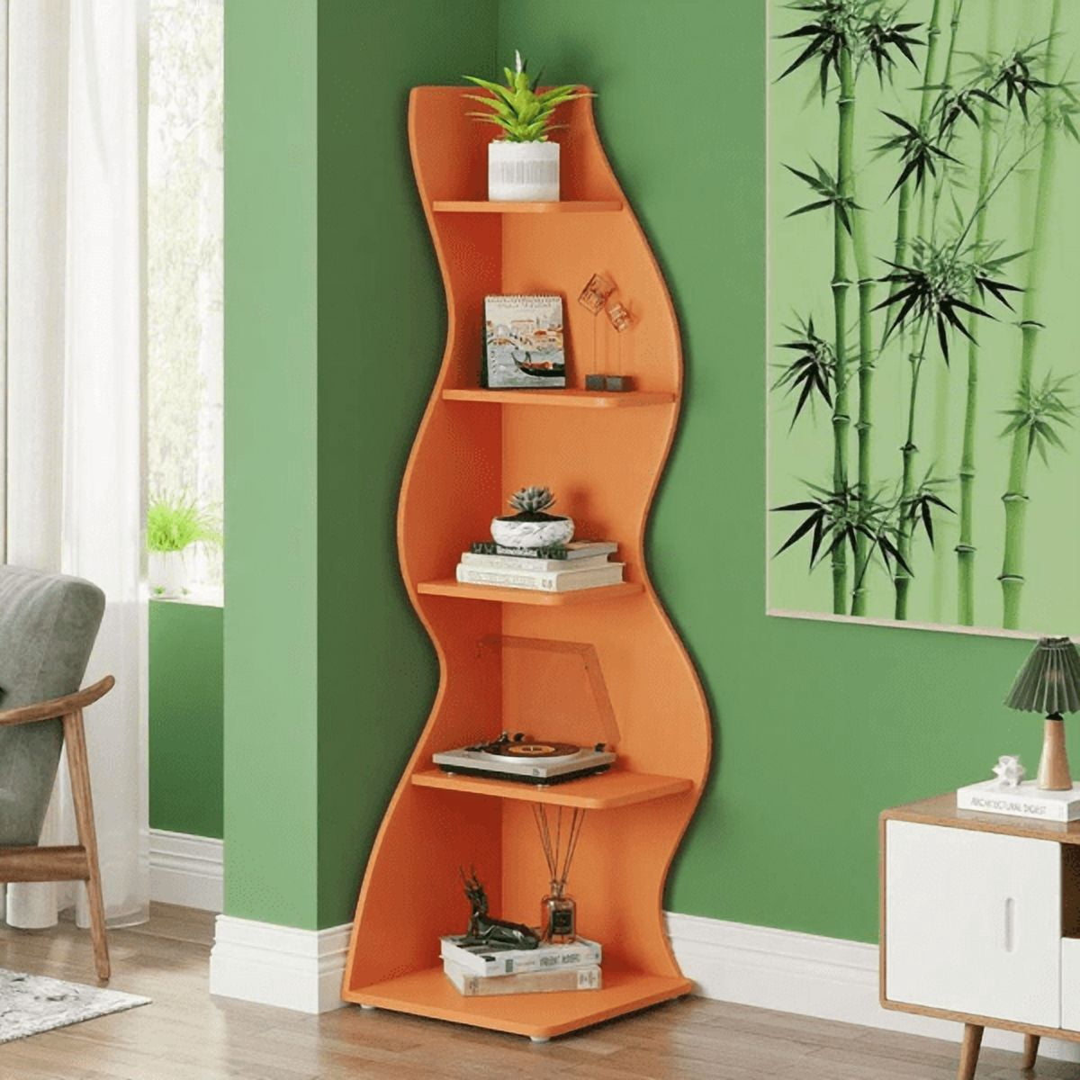5-Tier White Shelving Unit with Sea Grass Design Adjustable Shelves, High-Quality Board, Modern Storage for Home & Office