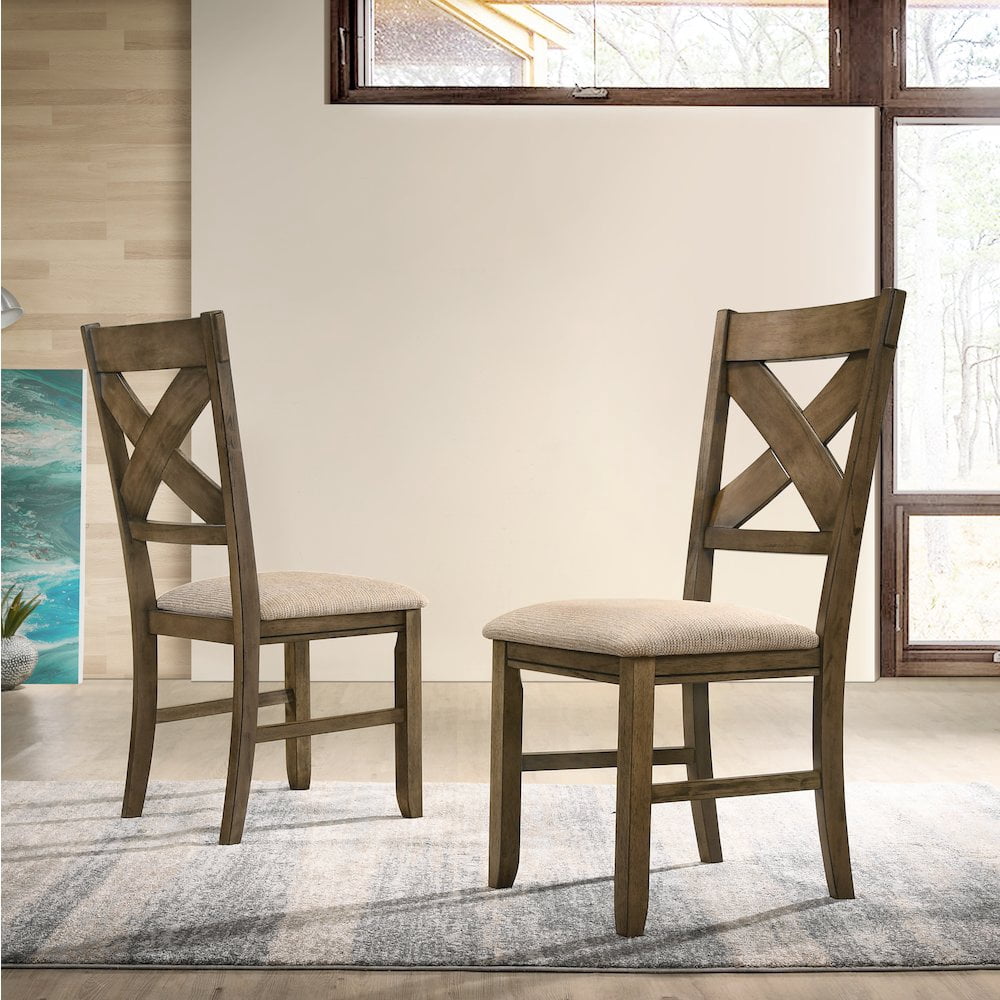 Roundhill Furniture Raven Cross Back Upholstered Dining Chairs in Glazed Pine Brown Finish, Set of 2