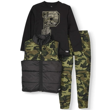 Beverly Hills Polo Club Boys 8-12 Puffer Vest, Long Sleeve T-Shirt, & Jogger Pants, 3-Piece Outfit Set