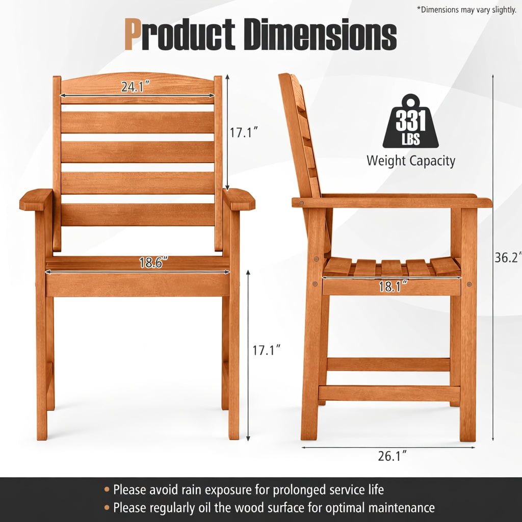 Hommoo Rustic Wood Outdoor Dining Chairs, Ergonomic 105° Backrest, Slatted Contoured Seat, Set of 2 Patio Chairs for Deck, Porch & Garden, Natural