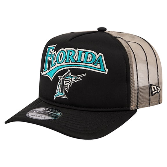 Men's New Era Black Florida Marlins Vintage Arched Foam Front 9FIFTY A-Frame Adjustable Trucker Hat