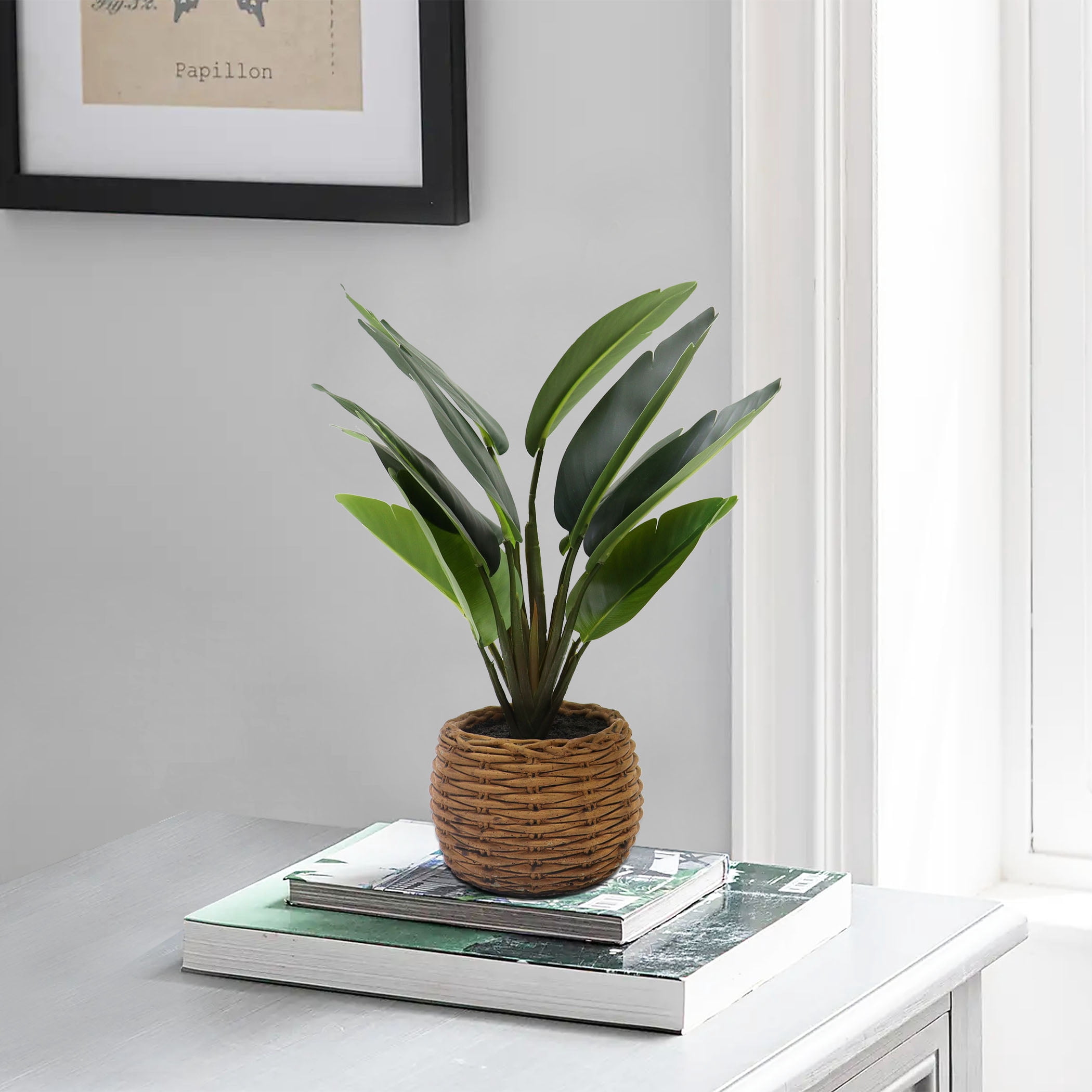 Nature's Mark 16.9”H Artificial Birds of Paradise Greenery Plant in Cement Woven Look Pot