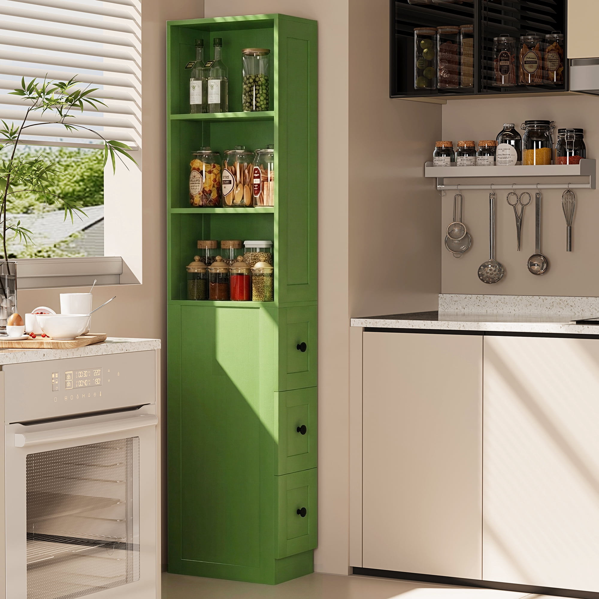 KAMEROUT Tall Slim Storage Cabinet with 2 Adjustable Shelves & 3-level Drawers for Bathroom, Kitchen, Green