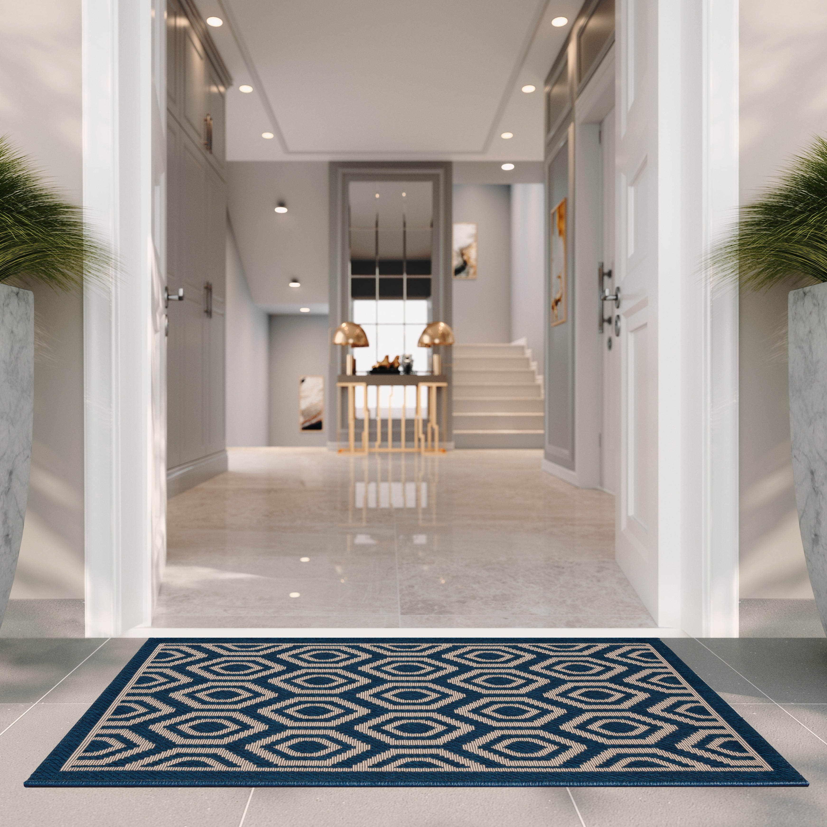Safavieh Courtyard Amelia Geometric Indoor/Outdoor Area Rug, Navy/Beige, 5'3" x 5'3" Square