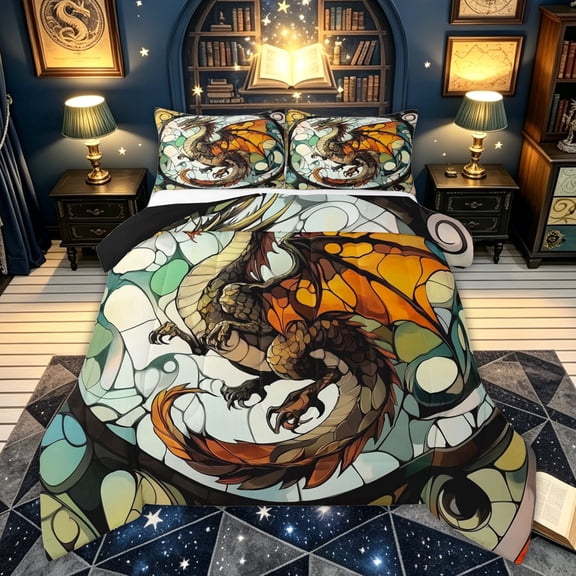 meiyoeat Vintage Western Dragon Full Size Comforter Sets for Men Boys, Boho Butterfly Animal Bedding Comforter Set, Orange Green, Black Reversible, 3 Pieces, 1 Comforter and 2 Pillowcases