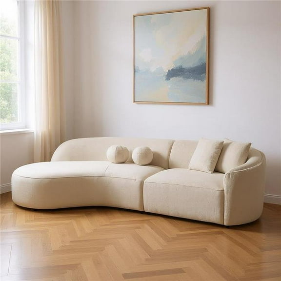 HomeRoots 643971 Ivory Boucle Modular Curved 2 Piece Sofa & Chaise Sectional with Toss Pillows