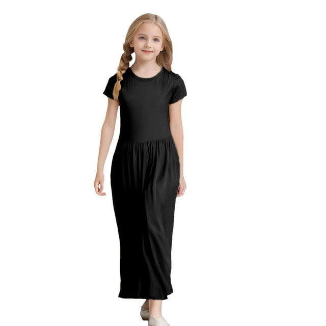 FYDUU Robes Décontractées pour Filles Été Robe Longue Maxi à Manches Courtes Couleur Unie avec Poches Robe Midi Décontractée pour 4-5 Ans
