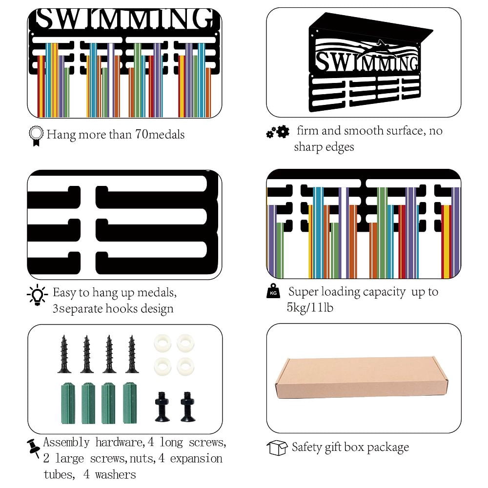 Swimming Medal Display Shelf Trophy Holder Display 3 Row Hold 60+ Medals Iron Rectangle Black Wall Mount Ribbon Award Rack Stand Hanger Home