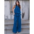 thumbnail image 5 of Women Summer 2 Piece Outfits Sleeveless Ruffle Top Wide Leg Pants Set with Pockets Blue XL, 5 of 8