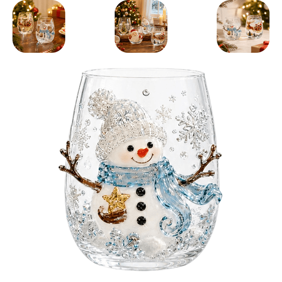Magical Christmas 3D Glass Cup Collection, 14oz Stemless Tumbler With Christmas Santa, Hand Painted Holiday Ornament Glassware, Festive Gift for Kitchen Party Table Decor 1Pc C