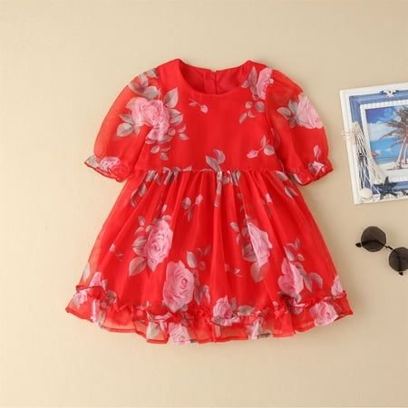 

PEASKJP Maxi Dress for Girls Toddler Girls Sleeveless Sundress Floral Prints Princess Crew Neck Dress Red 2-3 Years
