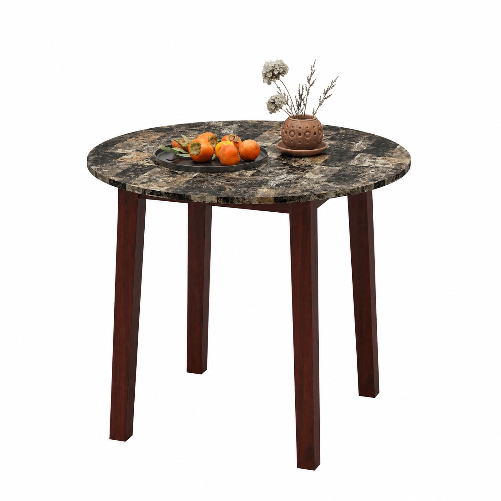 Furnibear 35 Inch Round Dining Table for 4 with Rubber Wood Legs and Marble Textured Veneer Top for Kitchen and Dining Room, Brown