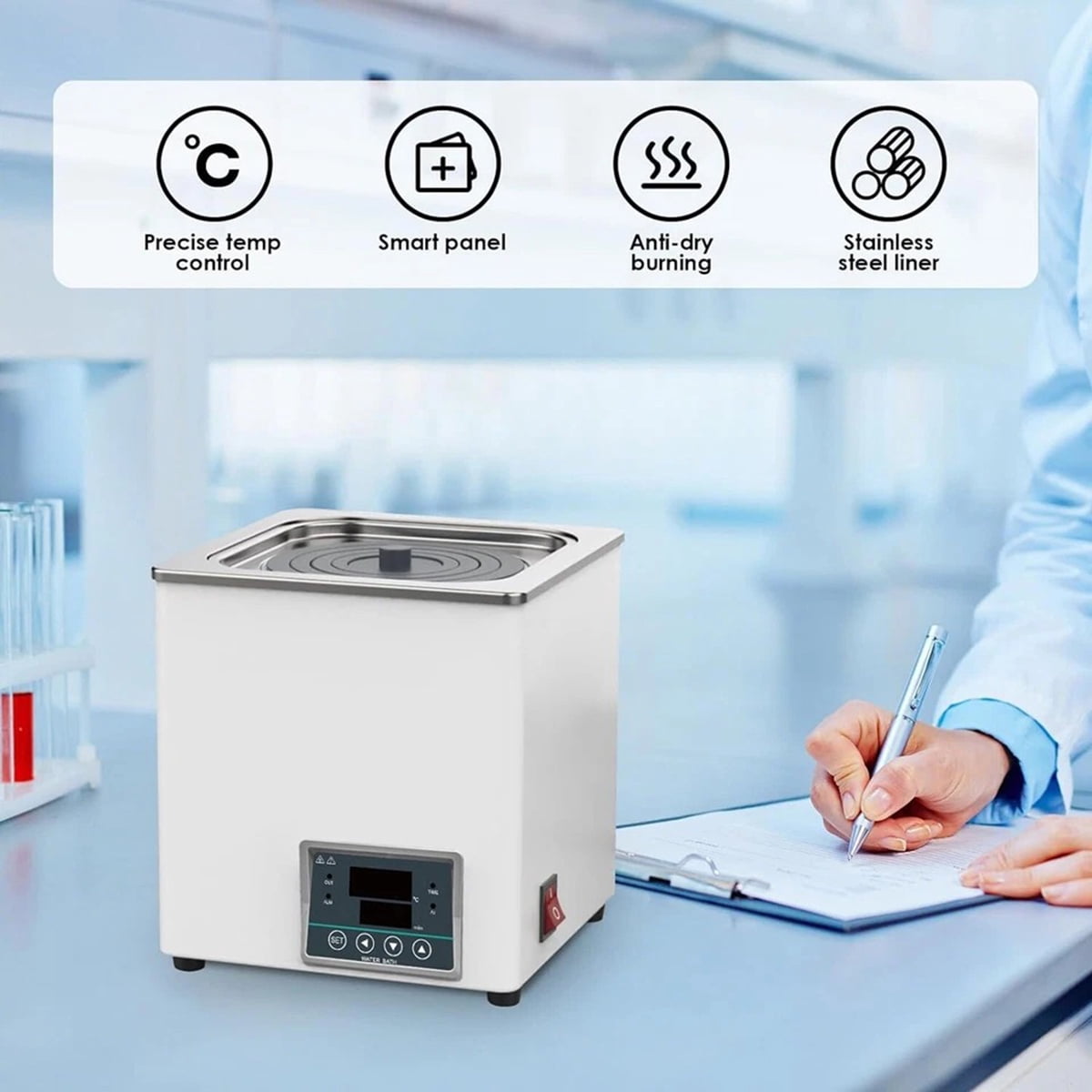 Eurhowing 3L Digital Water Bath, Stainless Steel Laboratory Thermostatic Heater with 0.1°C Accuracy, 1 Opening for Experiment, Microbiology, and Chemistry Applications