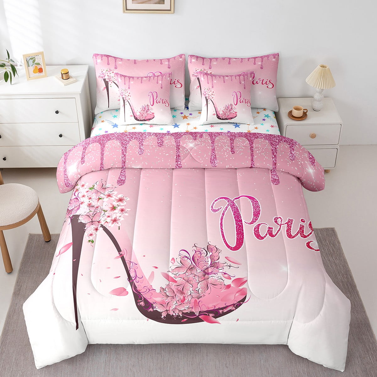 YST Pink Paris 7 Piece Bed In A Bag Full Size Paris Bedroom Comforter Set With Sheets Cherry Blossom High Heels Decor Bedding Set For Kids Girls Women