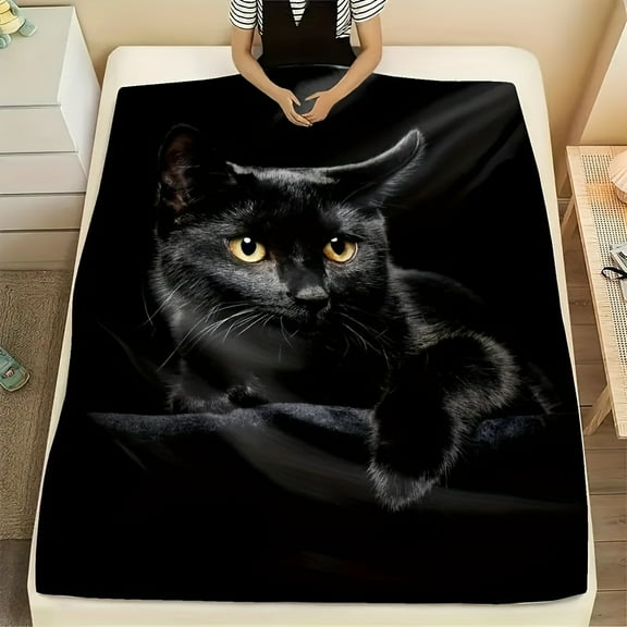 Black Cat Print Flannel Blanket, Soft Warm Throw Blanket Nap Blanket For Couch Sofa Office Bed Camping Travelling, Multi-purpose Holiday Gift Blanket