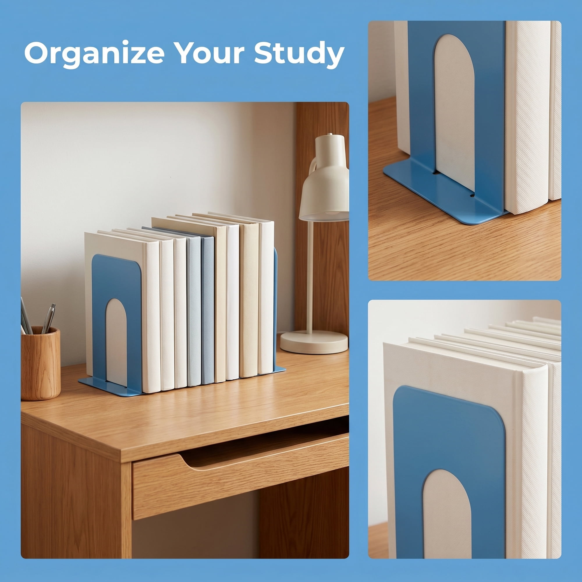 Unique Bargains Metal Bookends for Shelves Holder for Office Blue 6.5"L x 5.4"W x 8.3"H