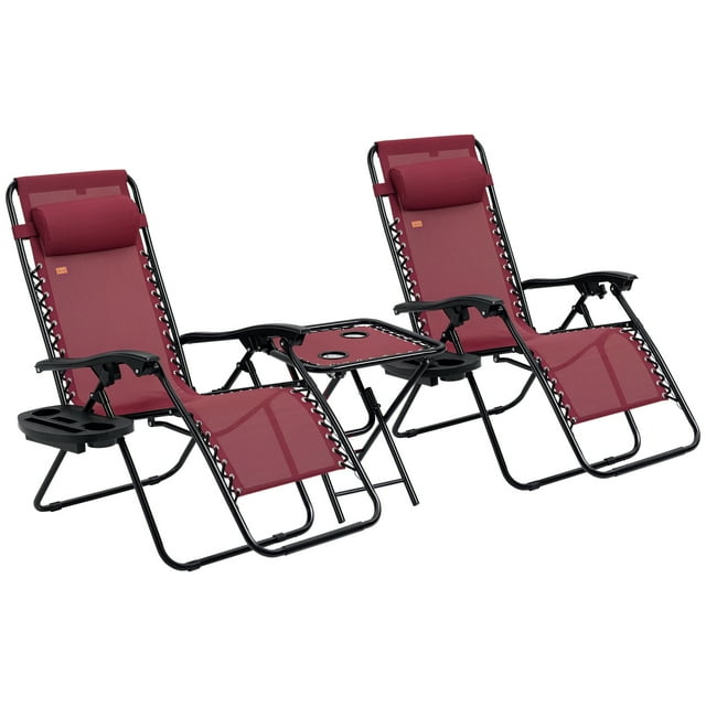 Outsunny Ensemble de Chaises à Gravité Zéro avec Table Pliante et Plateaux Porte-Gobelet Rouge