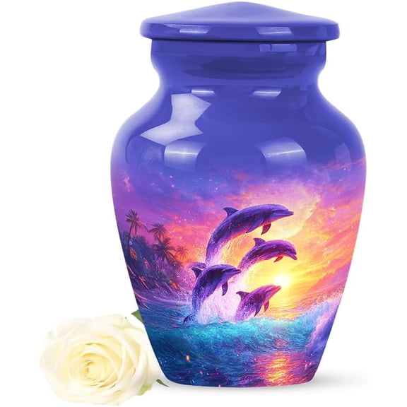 Dolphin Ocean Keepsake Urn, Small Urns for Human Ashes Keepsake, Mini Cremation Urns for Ash for Women, Beach Sunset Urn for Human Ashes Adult Male, Sea Life Tribute (Size 3 Inch, 1 Pc)