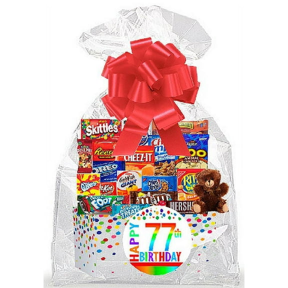 CakeSupplyShop Item#077BSG Happy 77th Birthday Rainbow Thinking Of You Cookies, Candy & More Care Package Snack Gift Box Bundle Set - Ships FAST!