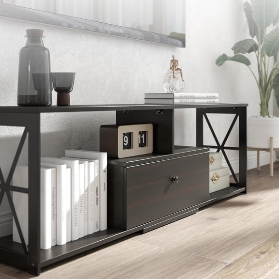 Manora  TV Stand with Storage for 55 60 Inch TV, Wooden Media Console Entertainment Center for Living Room or Bedroom, Modern TV Stand Table with Open Shelves, Dark Brown