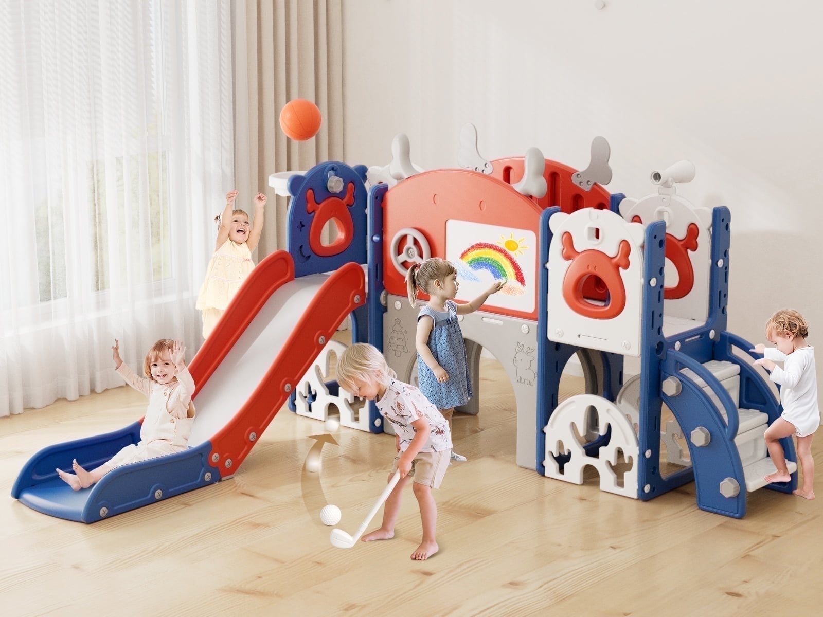 KORIMEFA Toddler Slide Set with Golf, Basketball Hoop, Kids Slide for Toddlers Age 1-4, Climber Slip and Slides, Baby Outdoor Toys