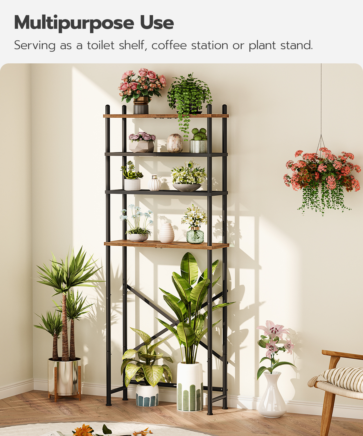 HOOBRO 4-Tier Over The Toilet Shelf, Rustic Brown and Black