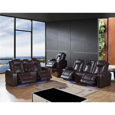 Brown Power Reclining Sofa Leather Air & LED Lights SF3817 Contemporary Modern