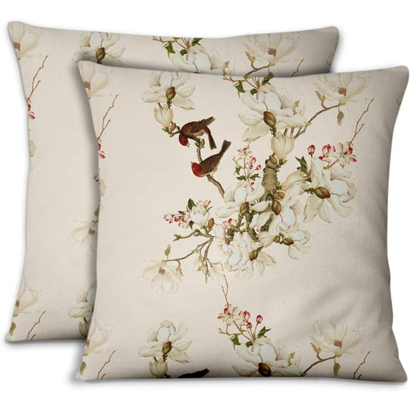 S4Sassy Pink Cotton Poplin Bird & Magnolia Pillow Case Sofa Cushion Cover Sofa Waist Throw Home Decor 2Pcs-12 x 12