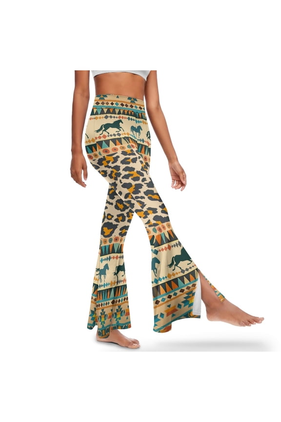 Women's Flared Leggings Buttery Soft Flared Slit Yoga Pants High-Waisted Bell Bottom Pants Tummy Control Workout Leggings for Girls, M, Tribal Horse Leopard Print