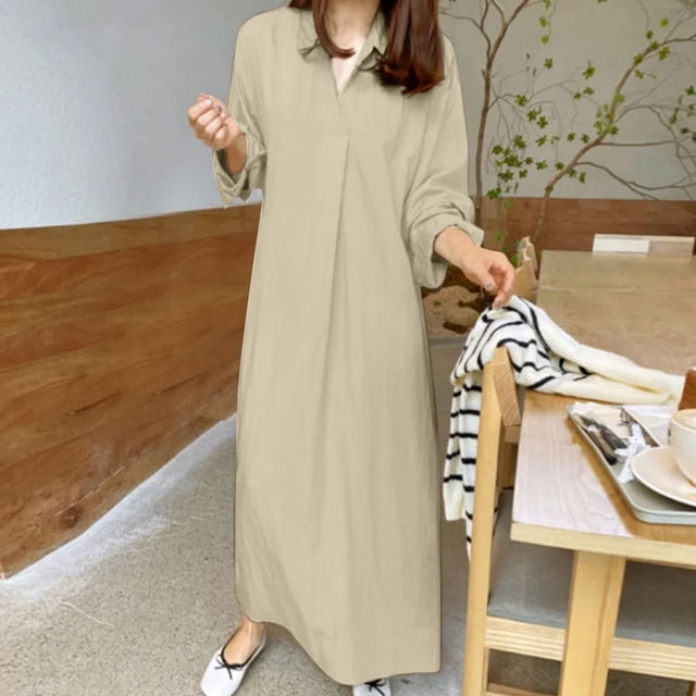 Gspmoly Robe pour Femmes, Robe Décontractée à Manches Longues en Coton et Lin Uni à Col en V pour le Printemps et l'Été avec Poches, Robes d'Été pour Femmes jusqu'à 60 % de Rabais