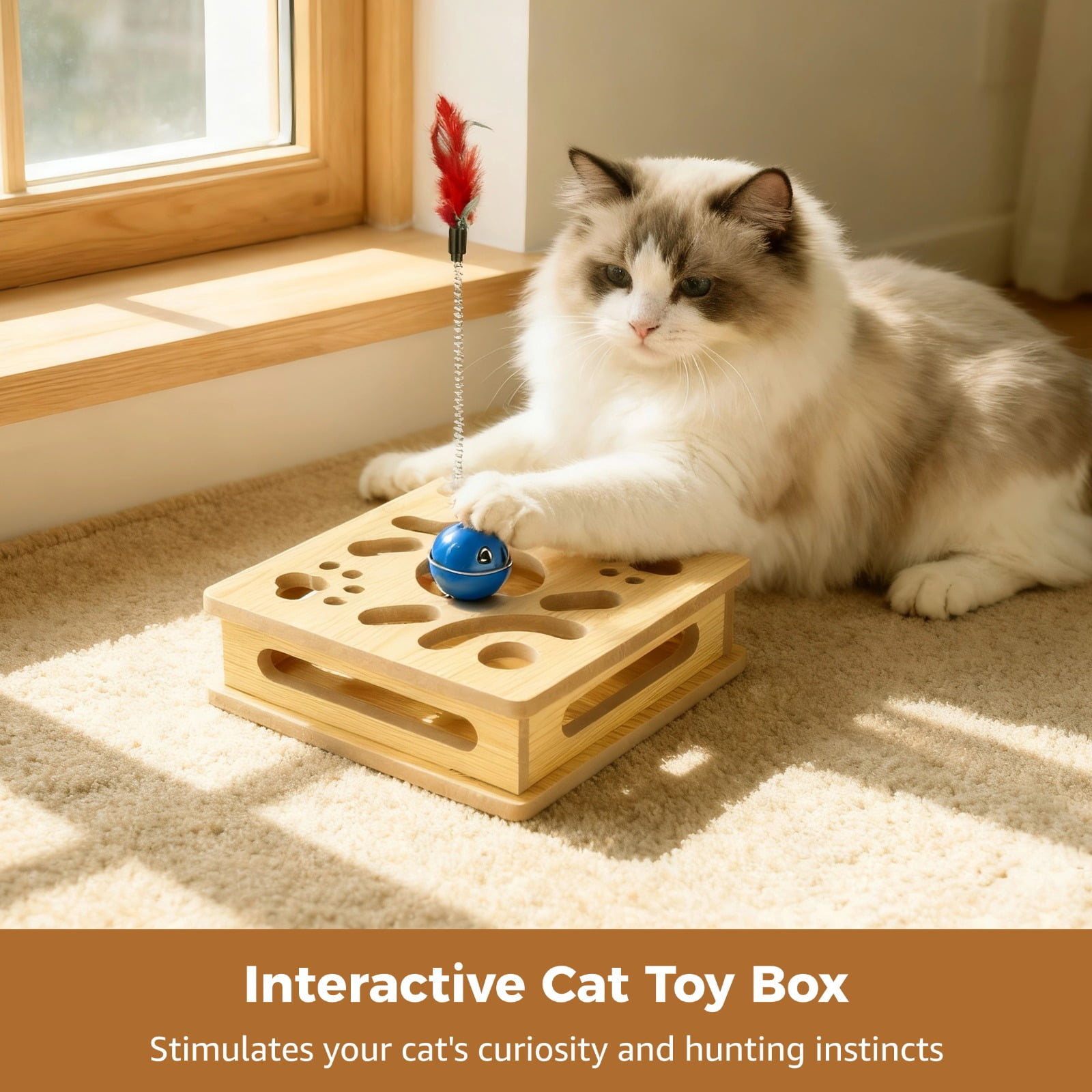 Interactive cat toy box, a wooden cat puzzle toy containing 3 bell balls and a feather wand, with a maze design to stimulate your cat's hunting instincts.