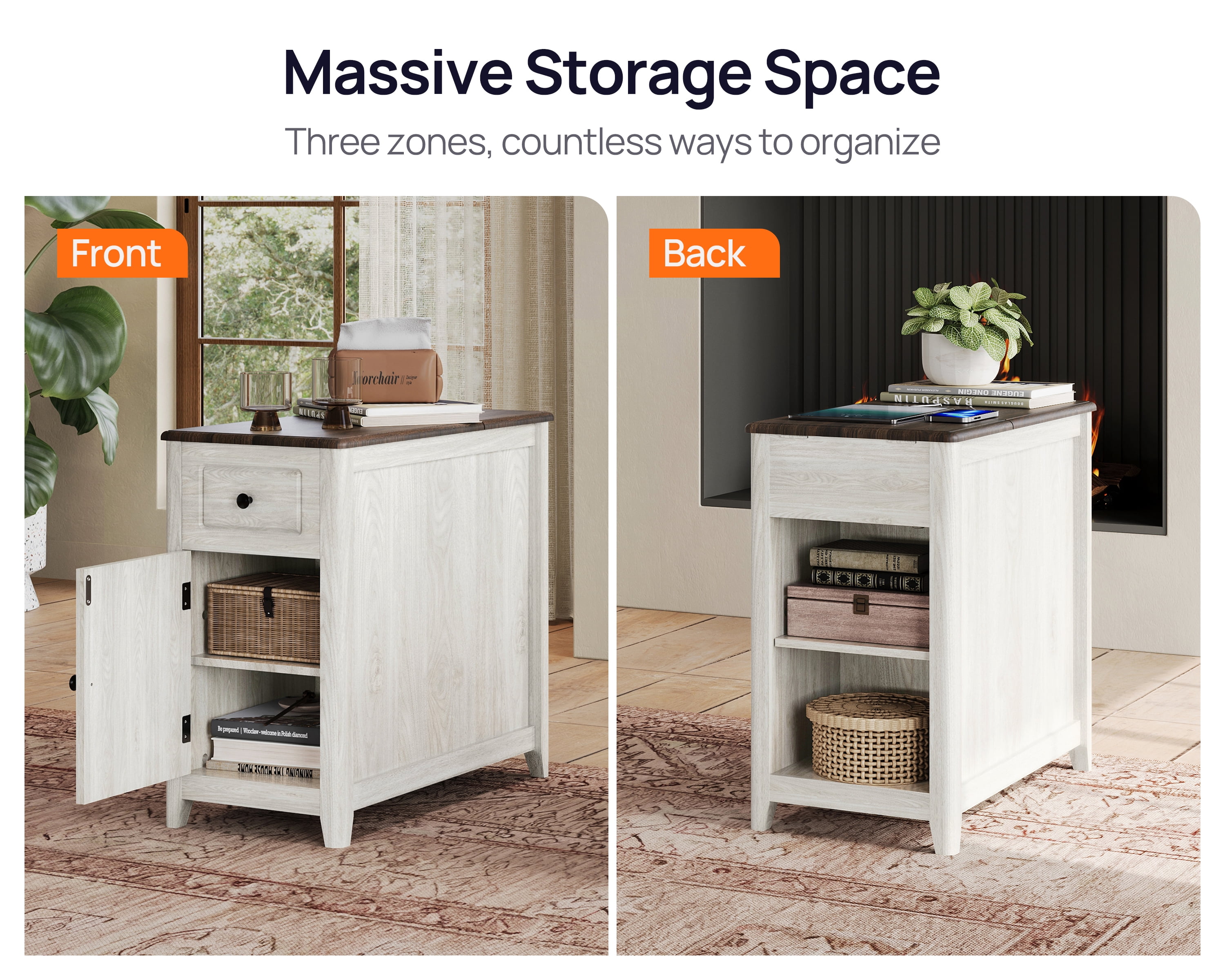 CHIC HOUSE End Tables for Living Room with Charging Station, Farmhouse Nightstand for Bedroom with Drawer Storage, Narrow Side Tables Accent Tables, Small Tables for Small Spaces, Brown & Oak