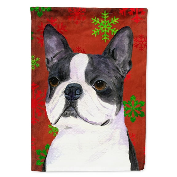 Boston Terrier Red Green Snowflakes Holiday Christmas Flag Canvas House Size