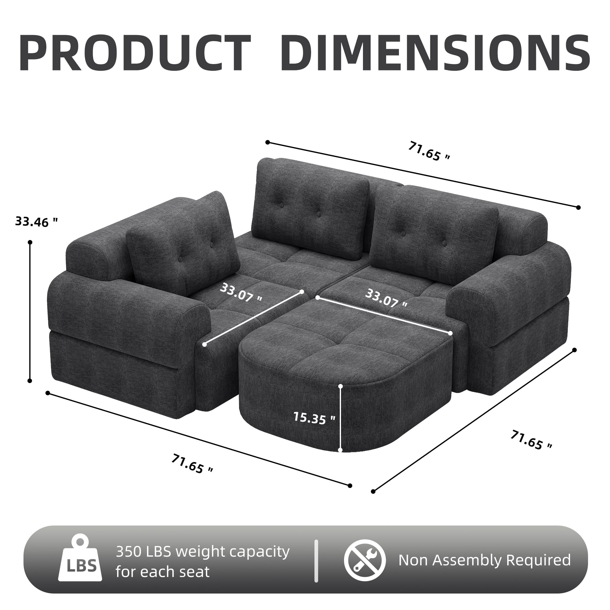 Modular Sectional Sofa with Chaise and Full-Foam Structure, 112-Inch Oversized Couch with Woven Texture Upholstery for Living Room, Dark Grey