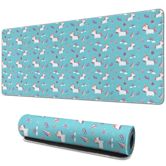 Long Mouse Pads for Desk,Blue Cartoon Unicorn Rainbow Cloud Desk Mats on Top Of Desks, Desk Mouse Pad Extra Large with 3mm Non-Slip Base and Stitched Edge for Gaming,Work,Home 31.5"x11.8"