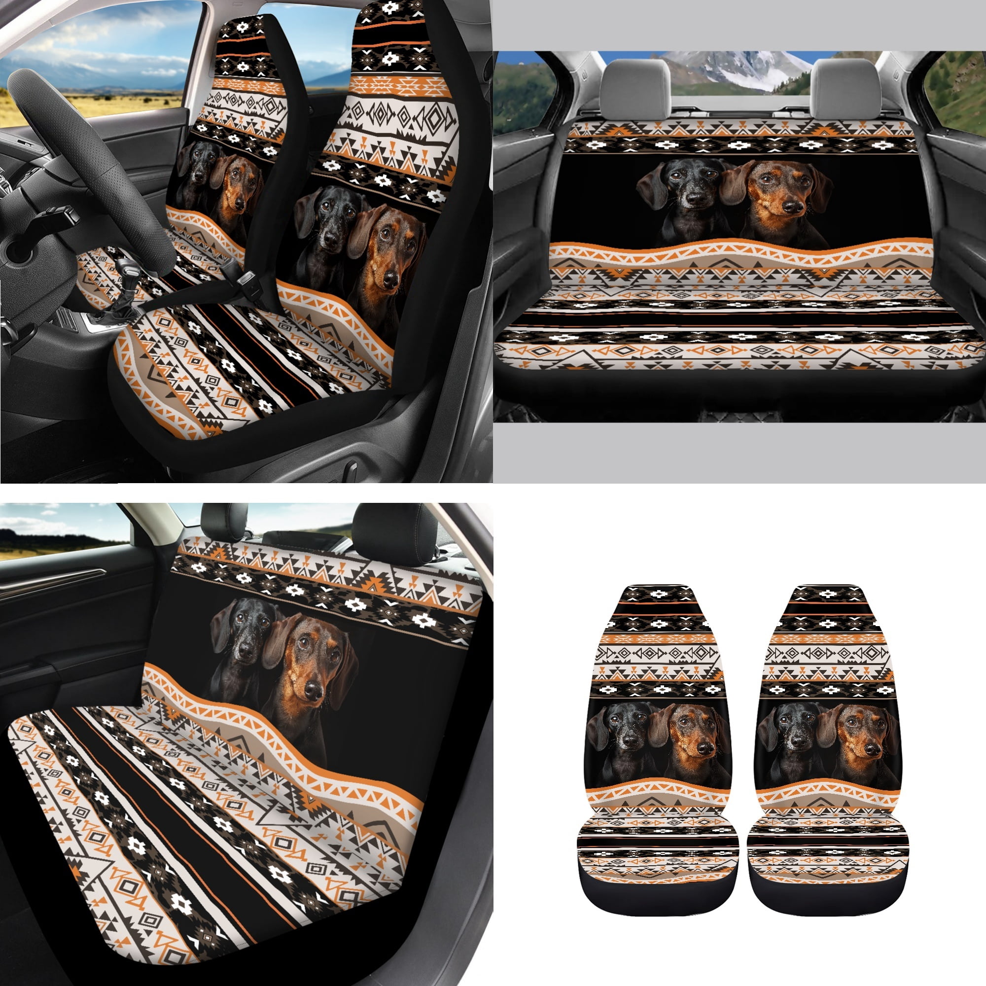 Jeiento Aztec Car Seat Cover Full Sets Steering Wheel Cover Car Trash Bin Seat Belt Pad Coasters Armrest Cover Handbrake Cover Dachshund Rearview Mirror Cover, Pack of 14 Auto Accessory