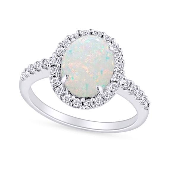 Oval Cut Lab Created Opal And Simulated White Sapphire Halo Solitaire Engagement Ring In 10k Solid White Gold Ring For Women Ring Size-4.5